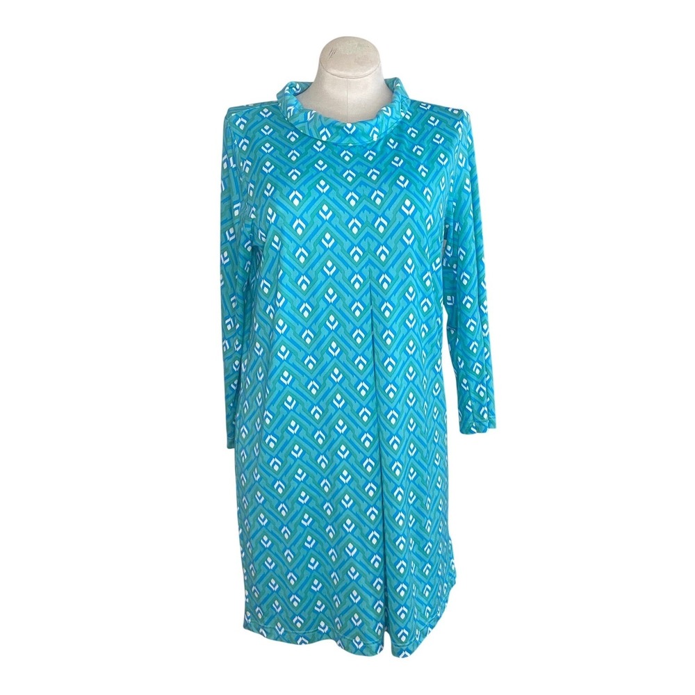 Escapada dress Geometric Chevron Cowl Neck Shift Sz L Turquoise Green